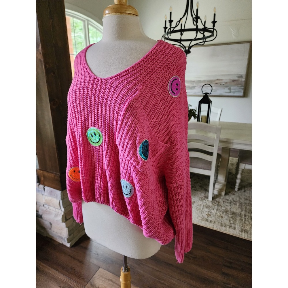 Judith March Hot Pink Smiley Face Sequin Patch Oversized Knit Sweater M/L - Picture 2 of 9